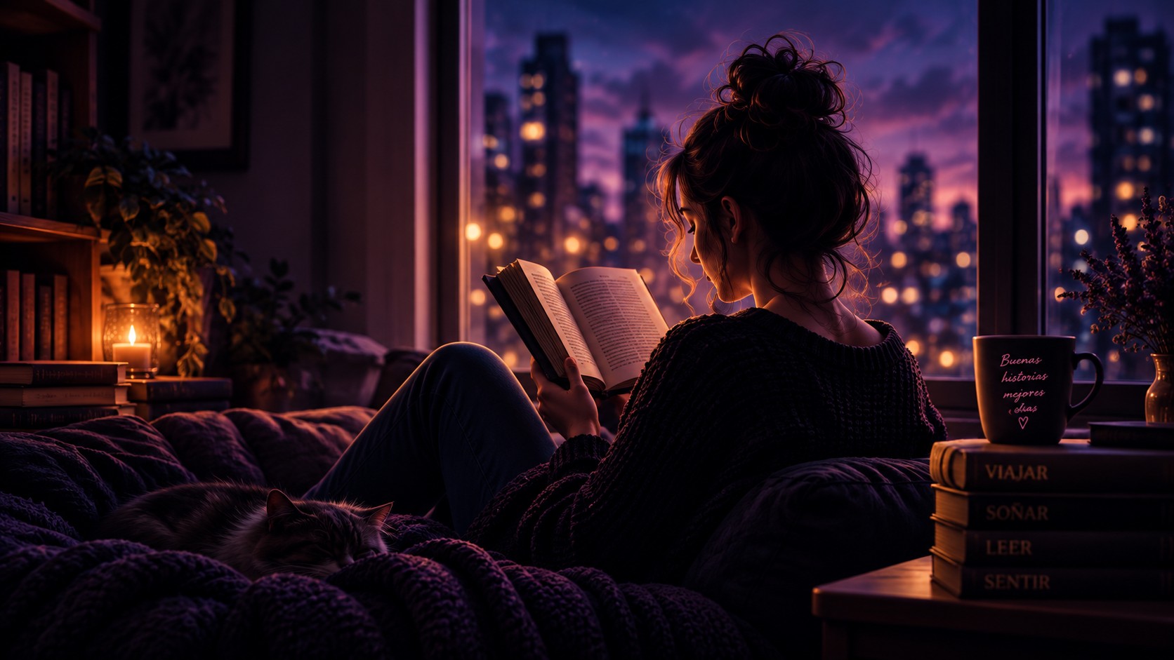 Chica leyendo junto a la ventana, de noche